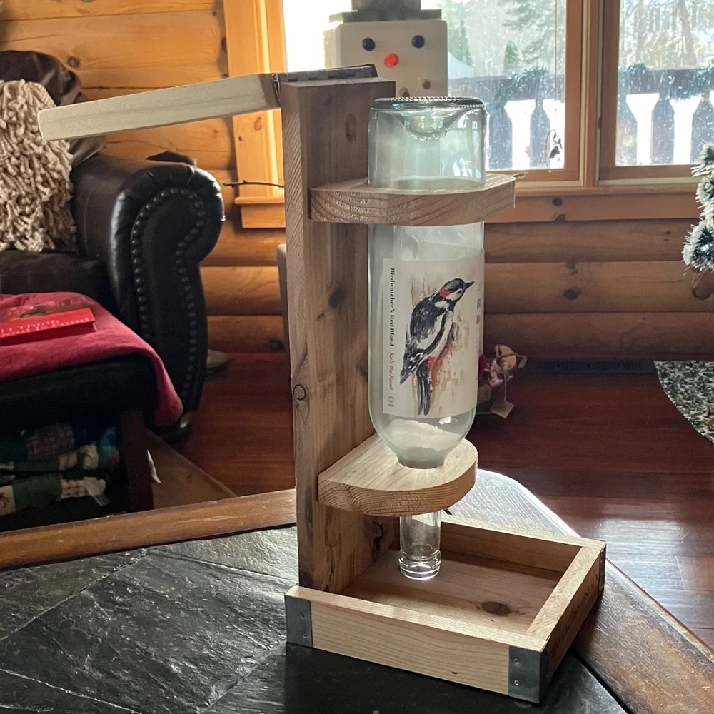 New: Cedar Bird Feeder with Wine Bottle - Natural Wood